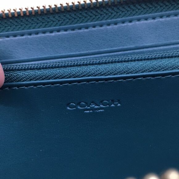 Coach Viridian Green Gold Studded Script Zip Around Wallet Accordion Zip Wallet - Picture 14 of 16